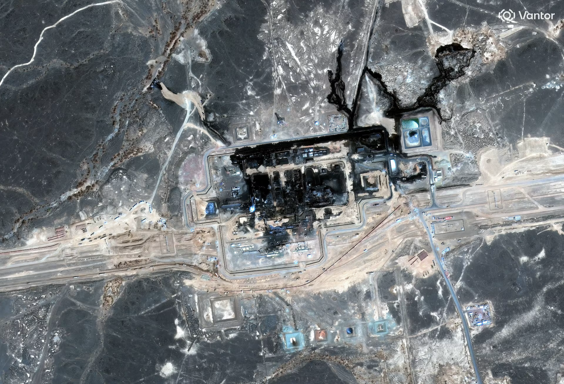 Satellite imagery shows significant damage to Saudi pipeline facilities.